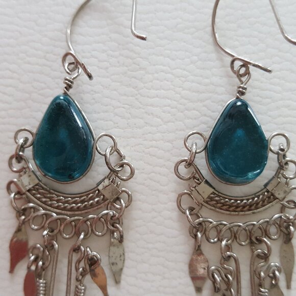 Vintage Bohemian Style Blue/Green Stone Dangle Earrings - Picture 5 of 7